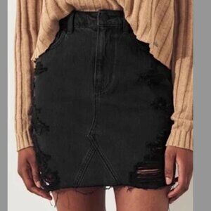Hollister Washed Black Distressed Denim High Waisted Mini Skirt